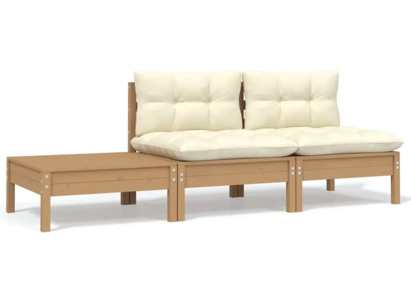 Set Divani da Giardino 3 pz con Cuscini Crema Massello di Pino