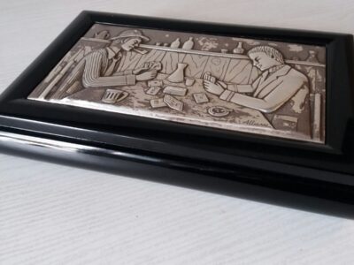 Scatola legno placca argento con carte e fiches