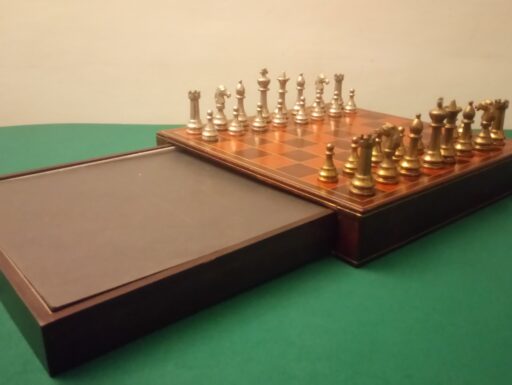 Scacchiera legno cassetto scacchi metallo e pedine bachelite
