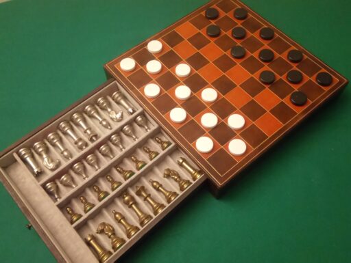 Scacchiera legno cassetto scacchi metallo e pedine bachelite