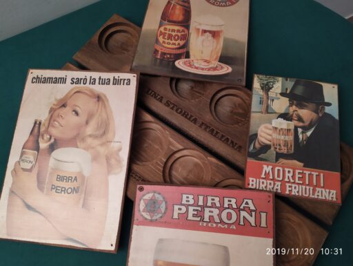 Espositori legno targhe legno birra moretti peroni