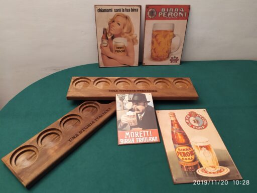 Espositori legno targhe legno birra moretti peroni