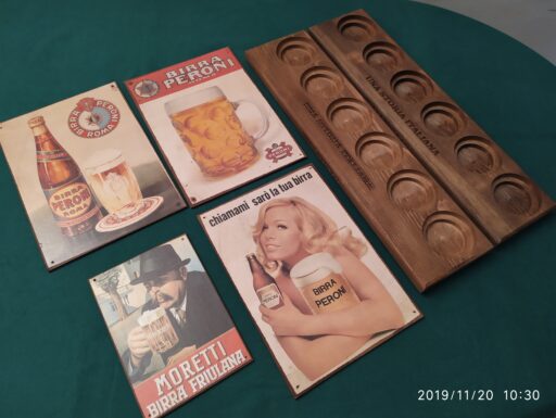 Espositori legno targhe legno birra moretti peroni