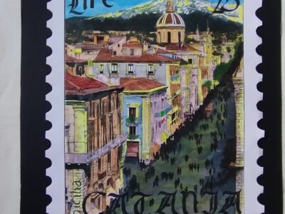 Il francobollo dell’arte – dipinto acquarello 35 x 50