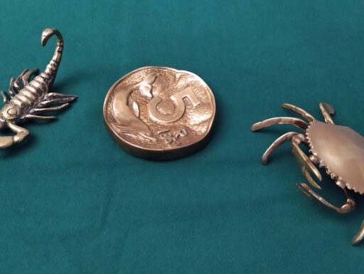 Scorpione granchio e placca ottone