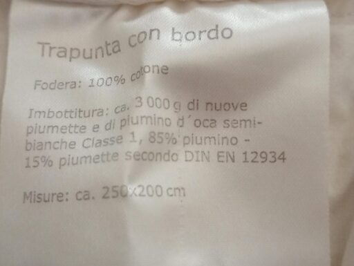 Trapunta in piuma d'oca 1 piazza e mezza