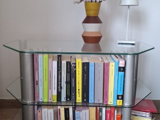 Mini libreria/porta tv in vetro temperato e acciaio satinato