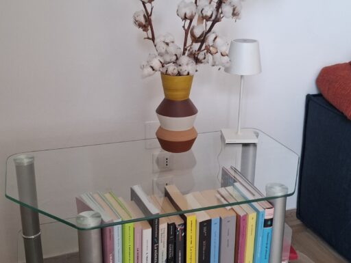 Mini libreria/porta tv in vetro temperato e acciaio satinato