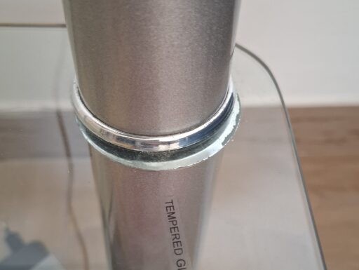 Mini libreria/porta tv in vetro temperato e acciaio satinato