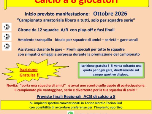 Campionato calcio a 8 amatoriale da ottobre in torino