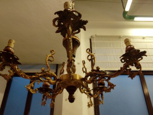 Lampadario 5 luci bracci in ottone e legno