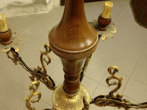 Lampadario 5 luci bracci in ottone e legno